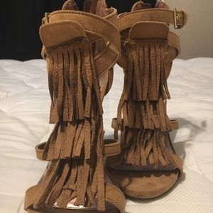 Brown suede fringe heels